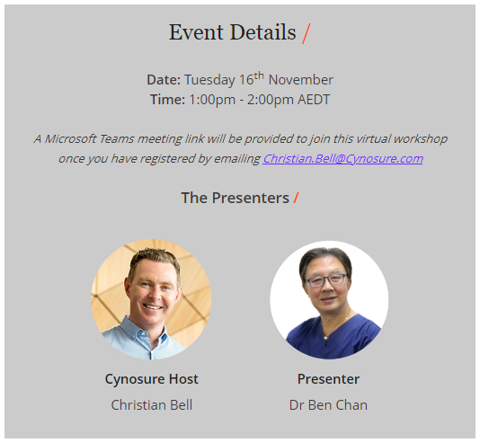 Cynosure's RF Microneedling Virtual Workshop | 16 November 2 Cynosure virtual workshops 16 Nov
