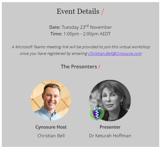 Cynosure's RF Microneedling Virtual Workshop | 23 November 2 Cynosure virtual workshops 23 Nov