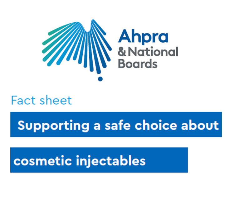 Ahpra Fact sheet titled "Supporting a safe choice about cosmetic injectables," featuring the Ahpra and National Boards logo with a stylized blue and green Australia map design