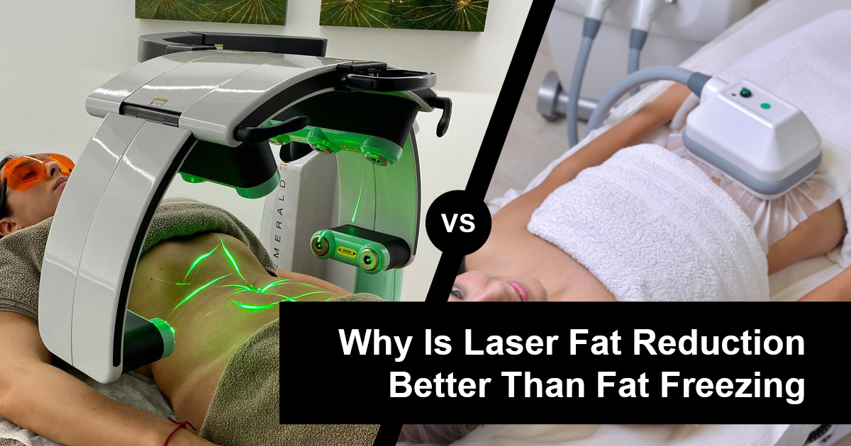 A split image comparing laser fat reduction and fat freezing treatments