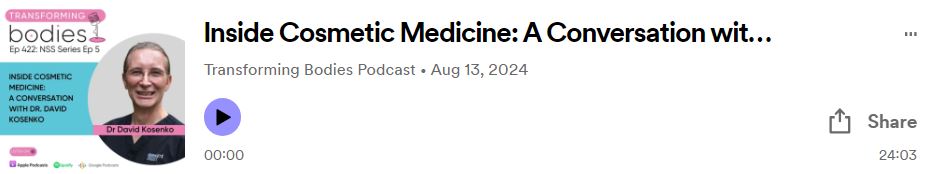Podcast cover for 'Inside Cosmetic Medicine: A Conversation with Dr. David Kosenko' on the Transforming Bodies Podcast, featuring a headshot of Dr. David Kosenko and the option to listen on Apple Podcasts, Spotify, or Google Podcasts