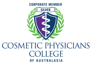 Cosmetic Physicians College of Australasia silver corporate member badge featuring a medical crest with laurel leaves on a transparent background