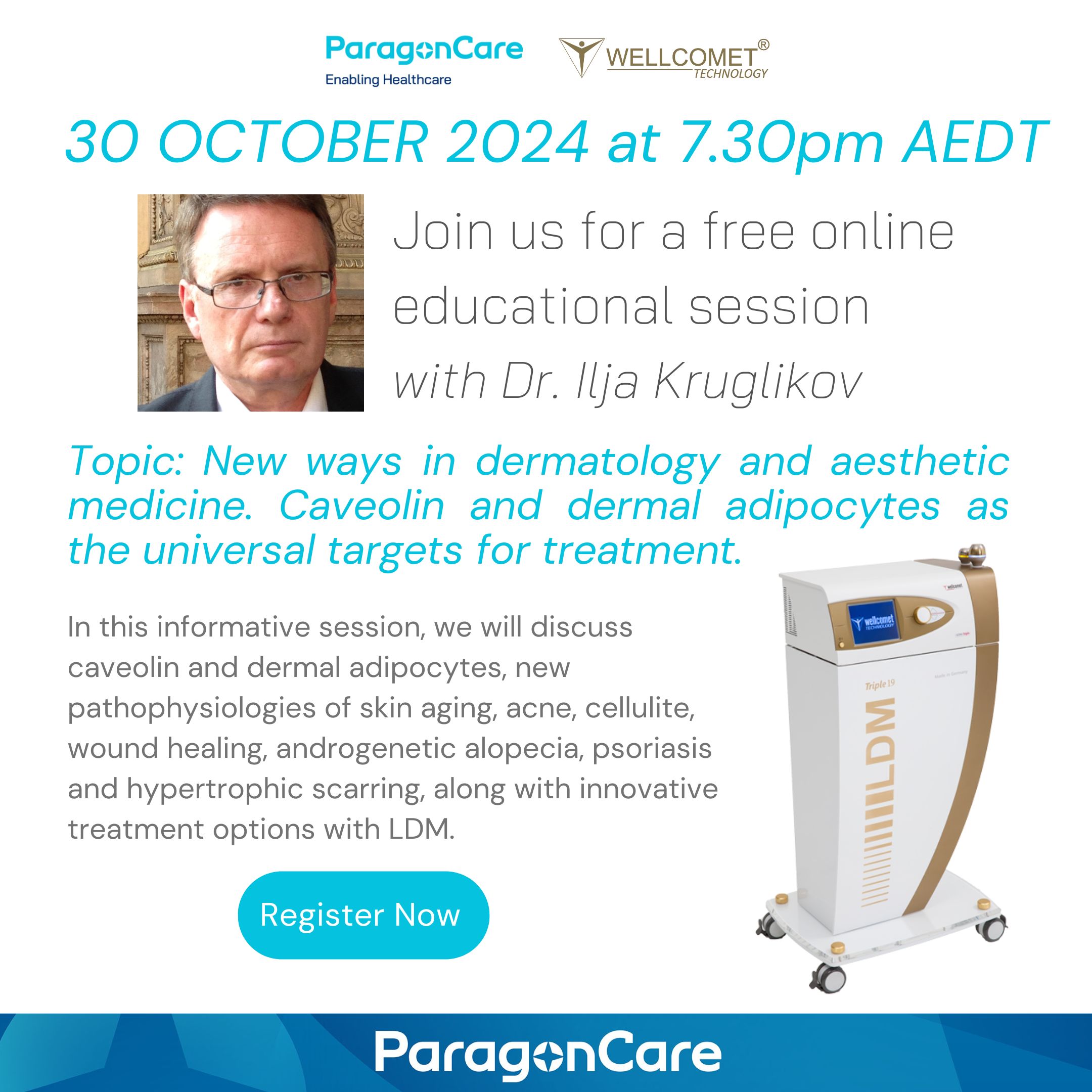 Promotional flyer for a free online dermatology and aesthetic medicine webinar with Dr. Ilja Kruglikov, hosted by ParagonCare, discussing LDM treatments for skin aging, acne, and cellulite