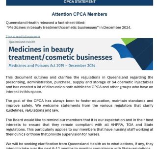 Screenshot of a CPCA statement about Queensland’s 2024 guidelines for medicines in beauty and cosmetic businesses—discussing legal clarity in cosmetic medicine