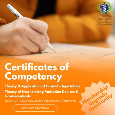 CPCA promotion for Certificates of Competency in injectables training, radiation device theory, and cosmeceuticals, inviting expressions of interest for 2025