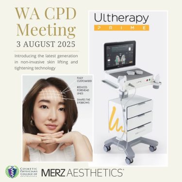 WA CPD Meeting promotion for 3 August 2025, introducing Ultherapy Prime, a non-invasive skin lifting technology, hosted by Merz Aesthetics and CPCA to support aesthetic medicine CPD