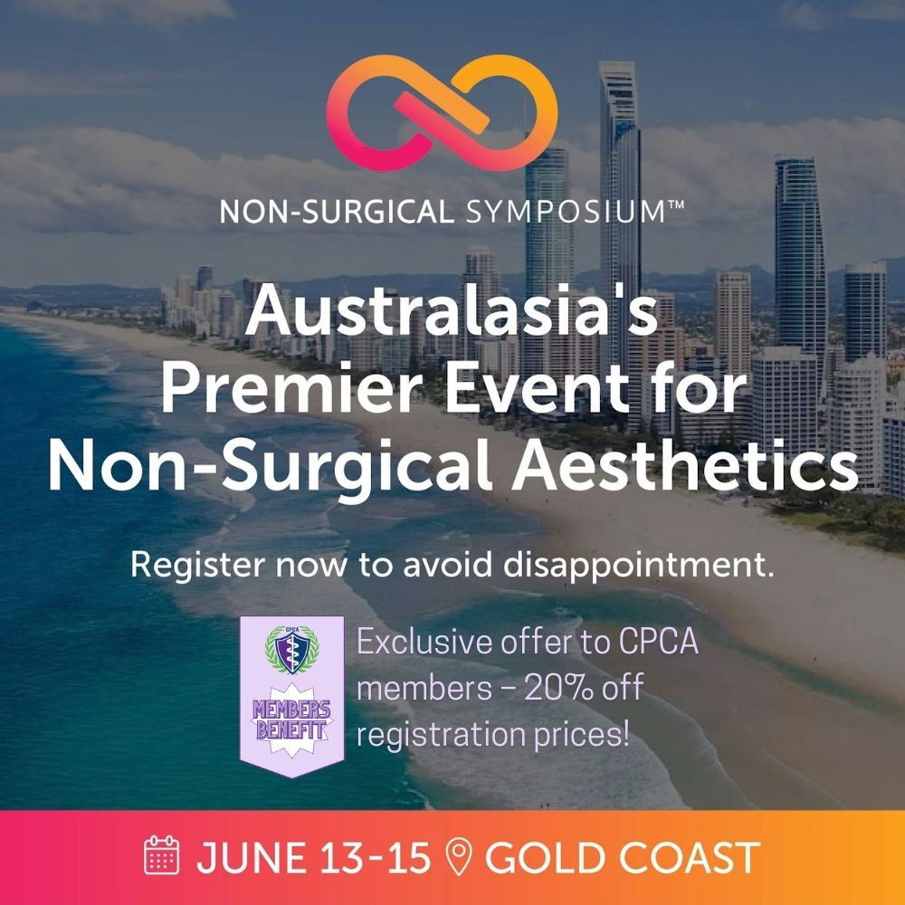 Promotional image for the Non-Surgical Symposium, Australasia’s leading event in non-surgical aesthetics, held June 13–15, 2025 on the Gold Coast with exclusive CPCA member discounts